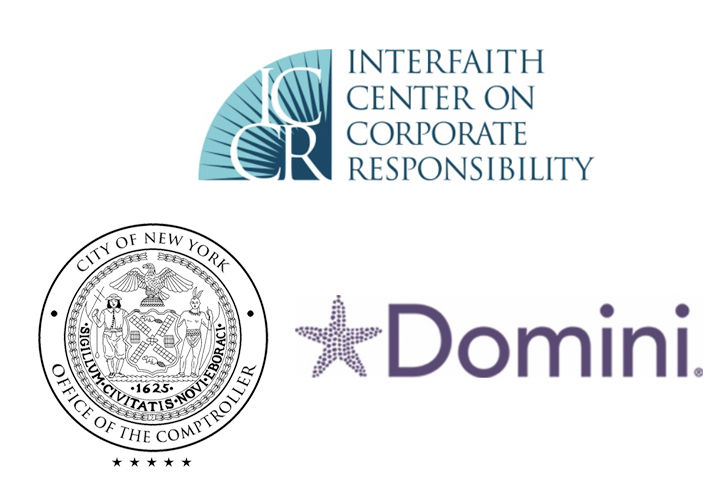 Logos of cowriters of the press release: NY Comptroller, ICCR and Domini